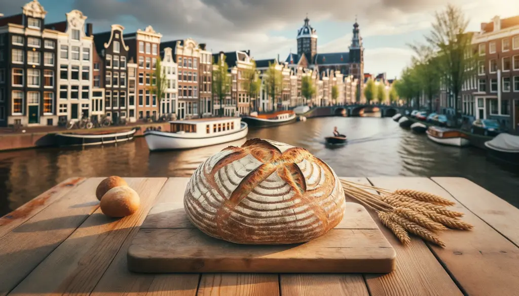 Sourdough bread with amsterdam in the background