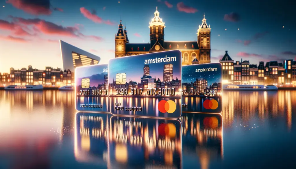 three credit cards with amsterdam background